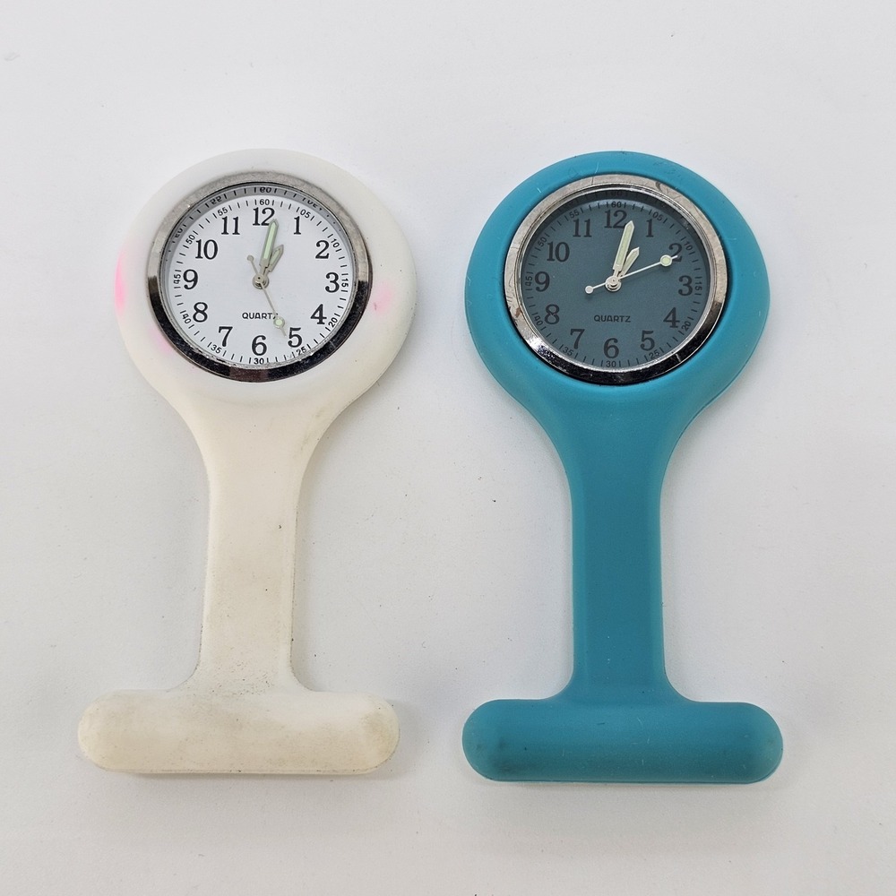 2X Nurse Watch White Aqua Silicone Nurse Watch Brooch Fob Watch New Battery